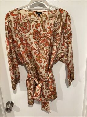 Talbots Cream Paisley Tie-Waist Blouse 100% Silk Size 10